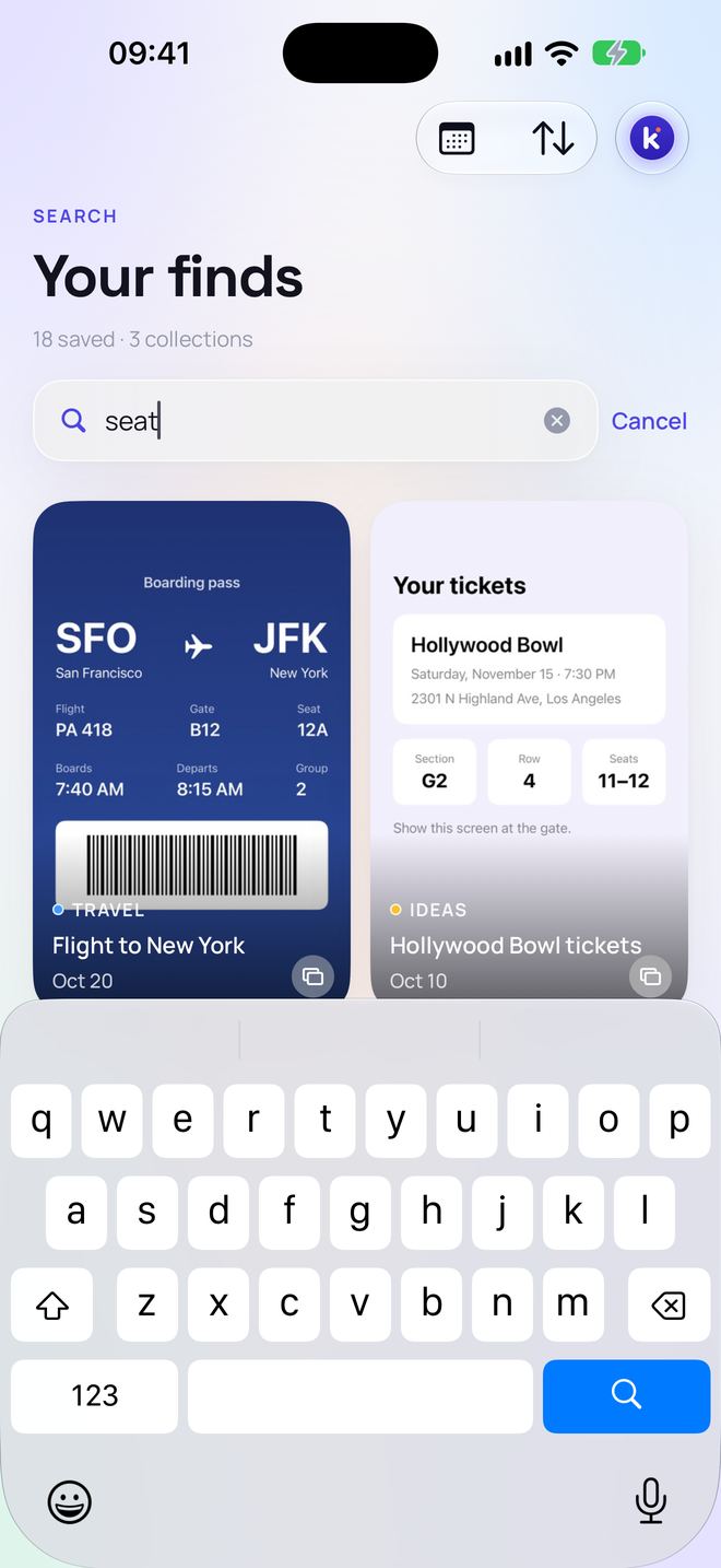 Searching Keviio for “seat” shows a boarding pass from San Francisco to New York and Hollywood Bowl tickets, both found by the text inside the screenshots.