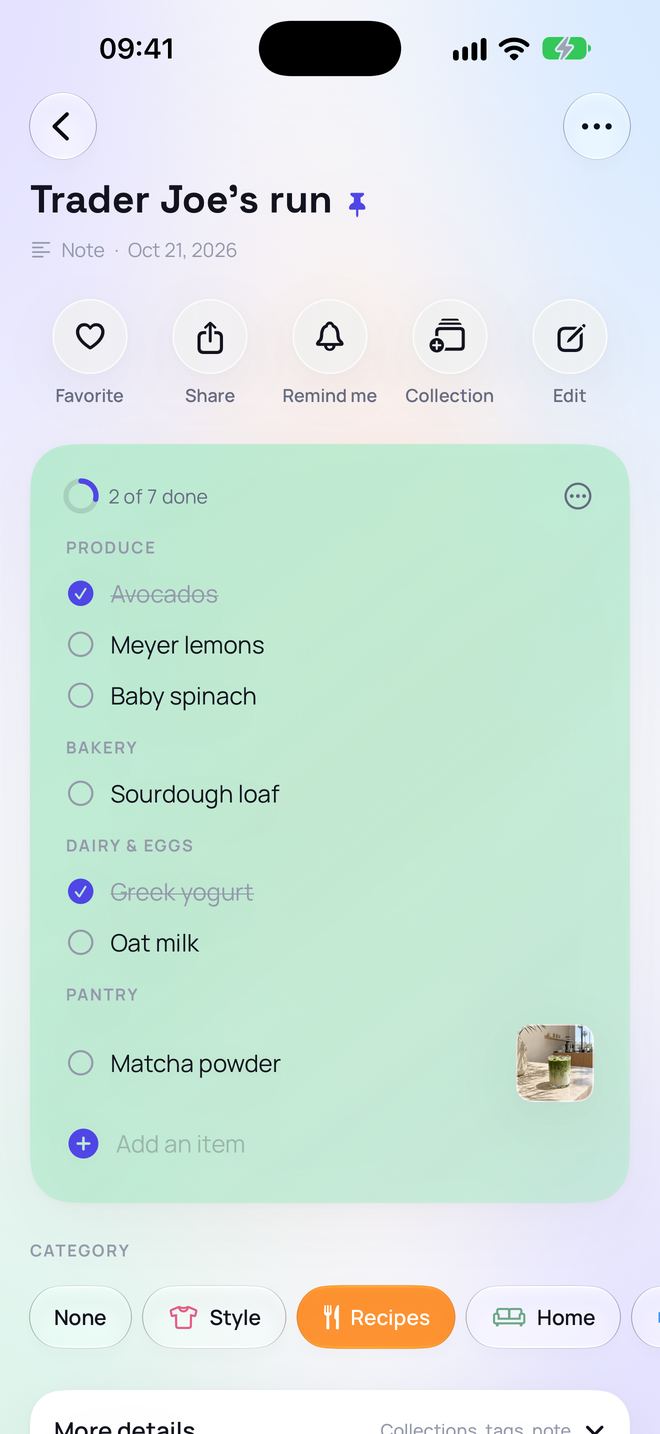 A Trader Joe’s shopping list in Keviio, sorted by aisle into Produce, Bakery, Dairy and Eggs, and Pantry, with ticked items struck through in place and a photo next to the matcha powder.