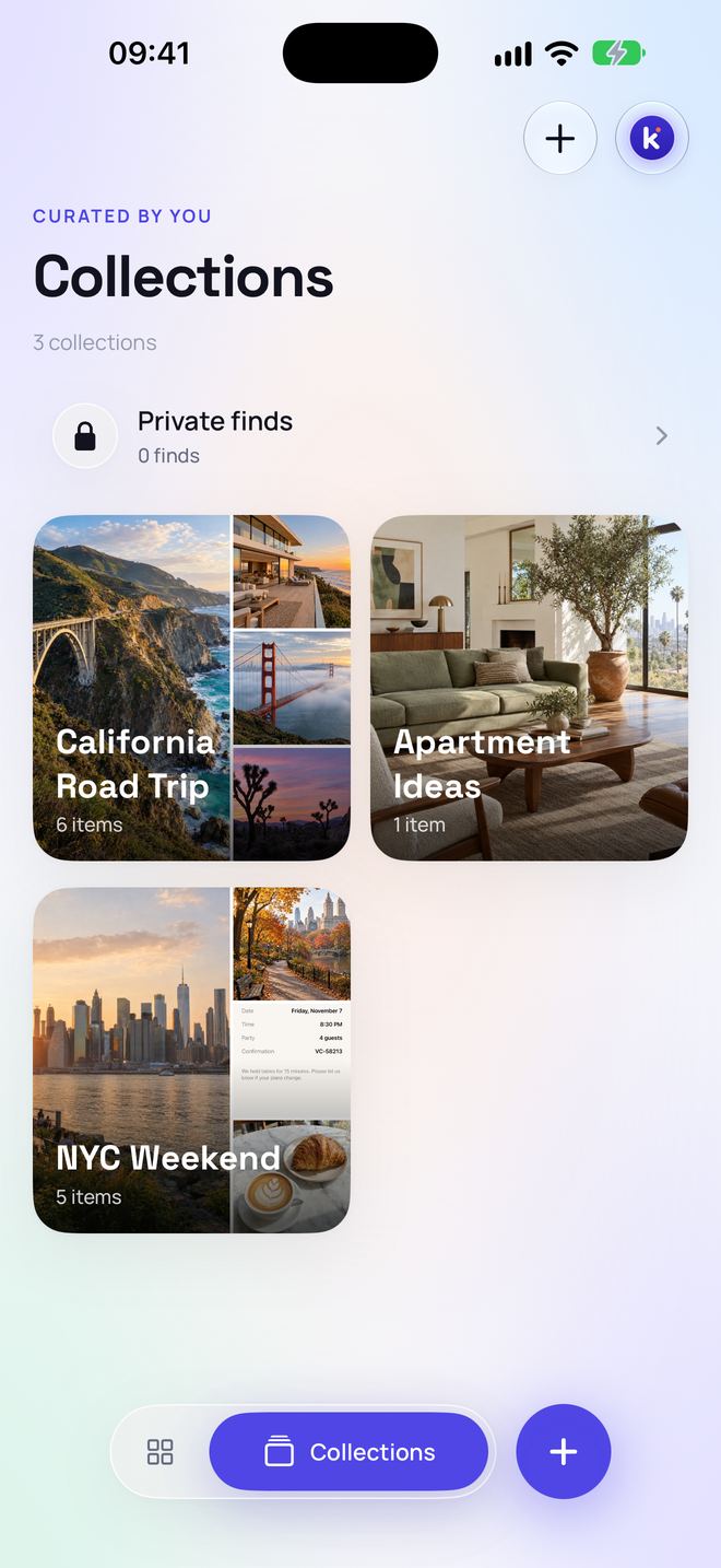 Keviio collections: NYC Weekend, California Road Trip and Apartment Ideas.
